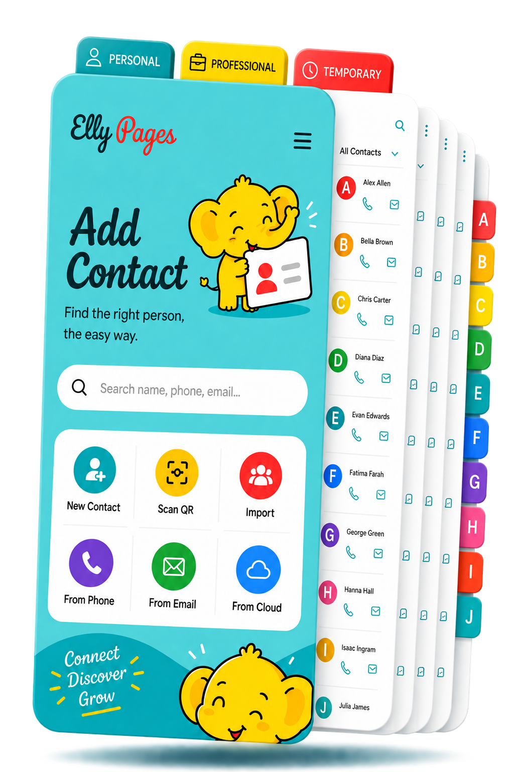 Elly Pages app preview showing the Add Contact screen and a contacts list