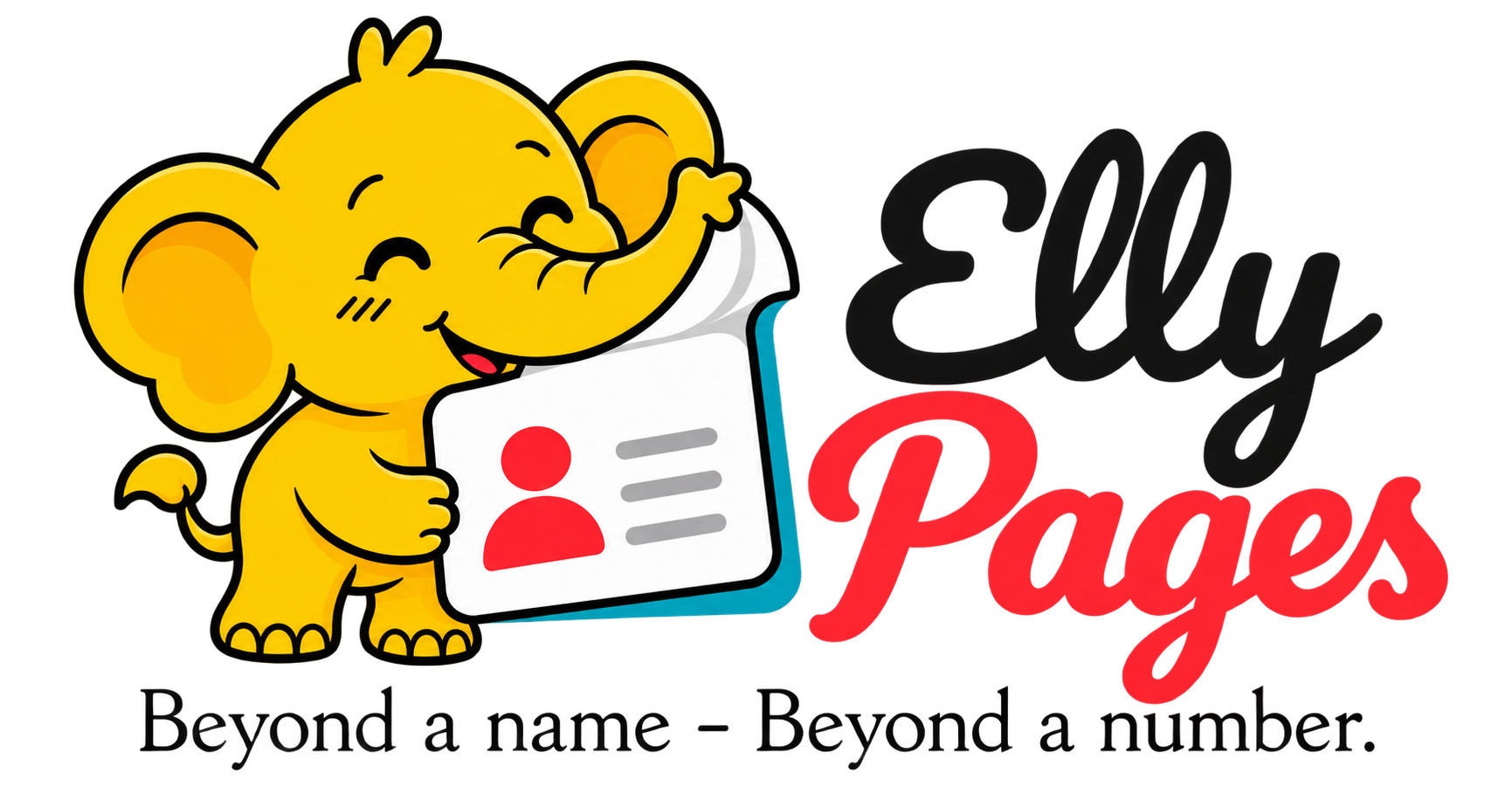 Elly Pages logo: a smiling elephant holding a contact card, with the tagline Beyond a name - Beyond a number.