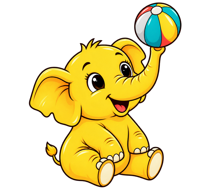 Elly the elephant mascot holding a beach ball